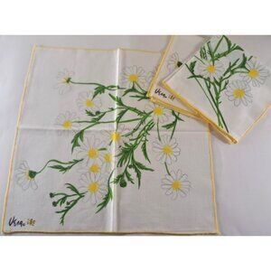 Vintage VERA Neumann Linen Napkins Daisy Set of 3 White Yellow Green 16"